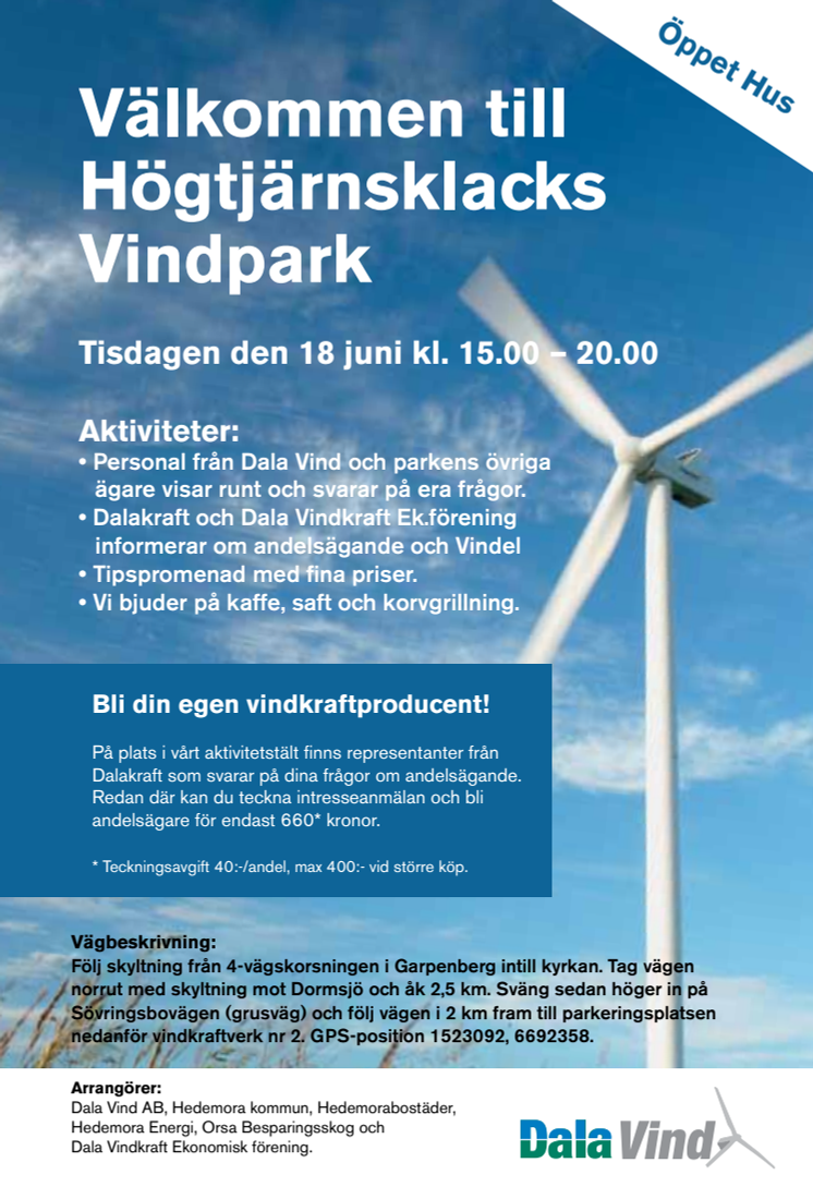 Inbjudan till öppet hus i Högtjärnsklacks vindpark