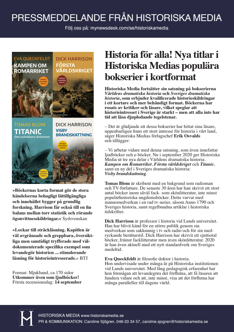 Historia för alla! Nya titlar i Historiska Medias populära bokserier i kortformat