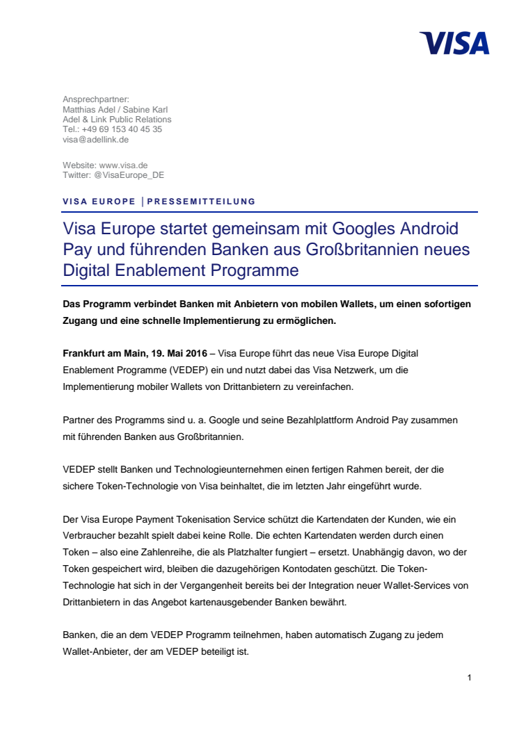 Visa Europe startet gemeinsam mit Googles Android Pay und führenden Banken aus Großbritannien neues Digital Enablement Programme