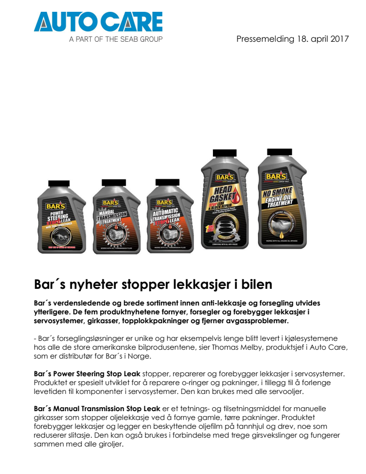 Bar´s nyheter stopper lekkasjer i bilen