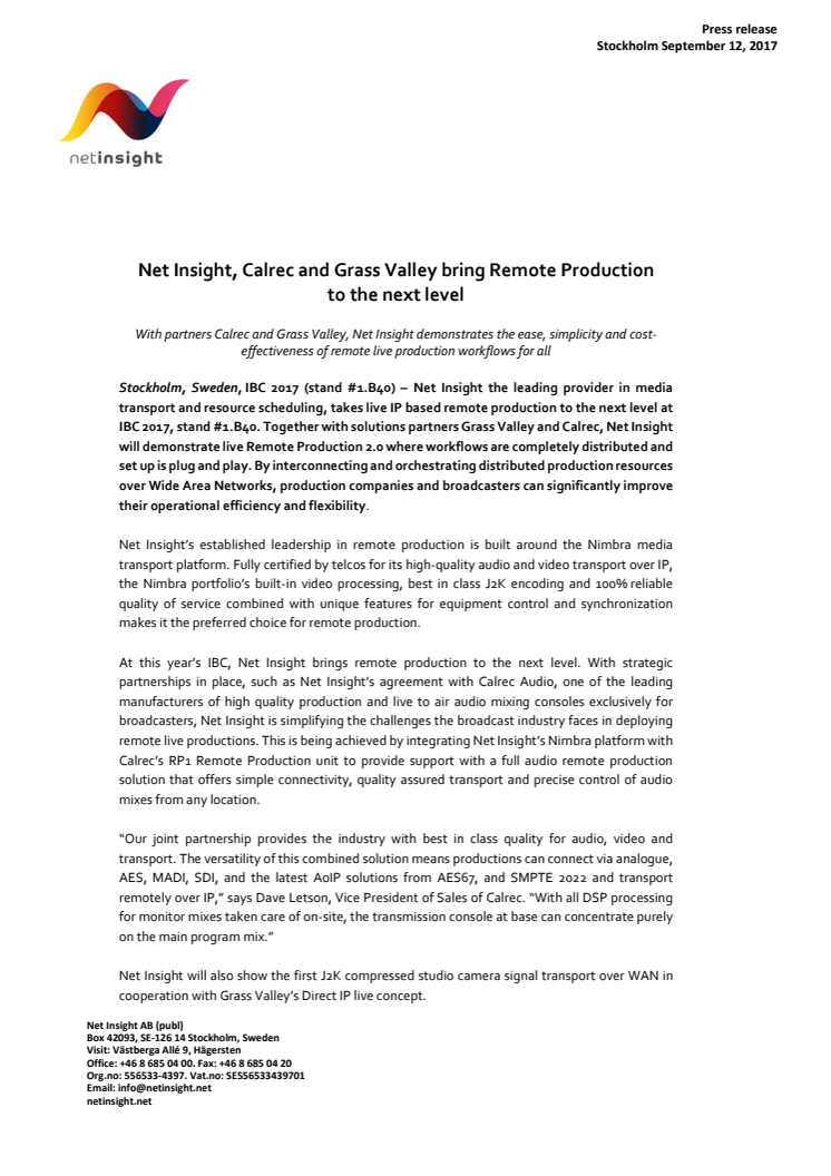 Net Insight, Calrec and Grass Valley bring Remote Production  to the next level