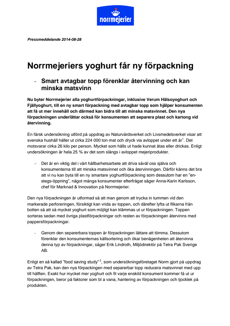 Norrmejeriers yoghurt får ny förpackning - smart avtagbar topp förenklar återvinning och kan minska matsvinn