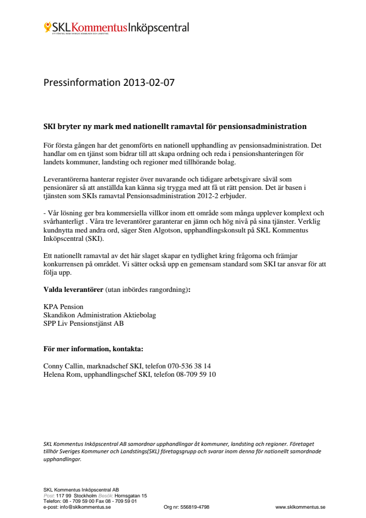 SKI bryter ny mark med nationellt ramavtal för pensionsadministration