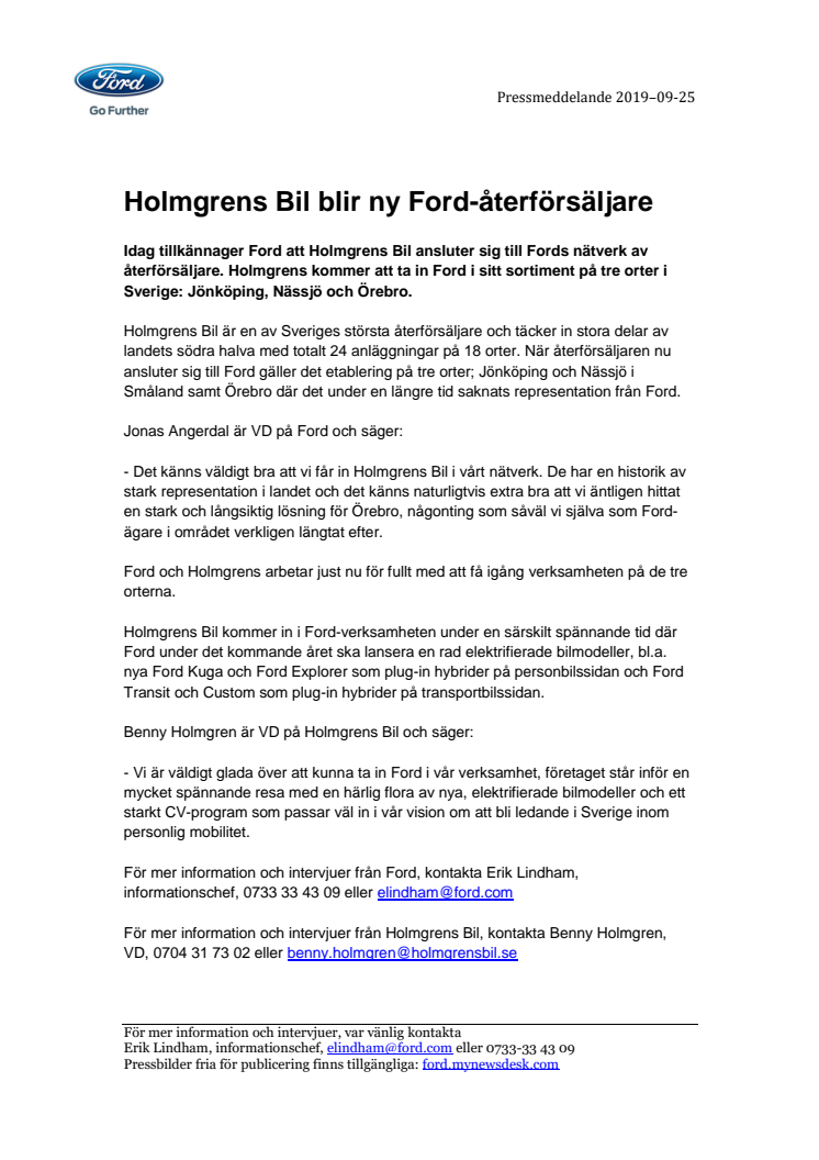 Holmgrens Bil blir ny Ford-återförsäljare
