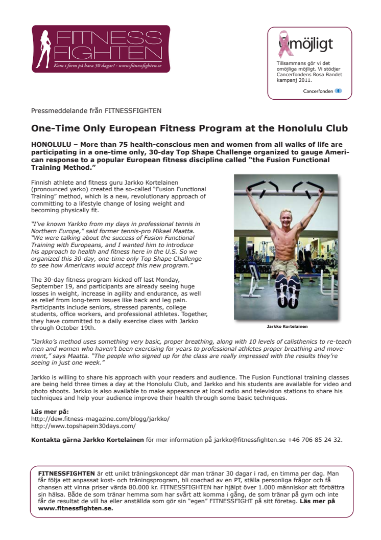 Pressmeddelande  - One-Time Only European Fitness Program at the Honolulu Club