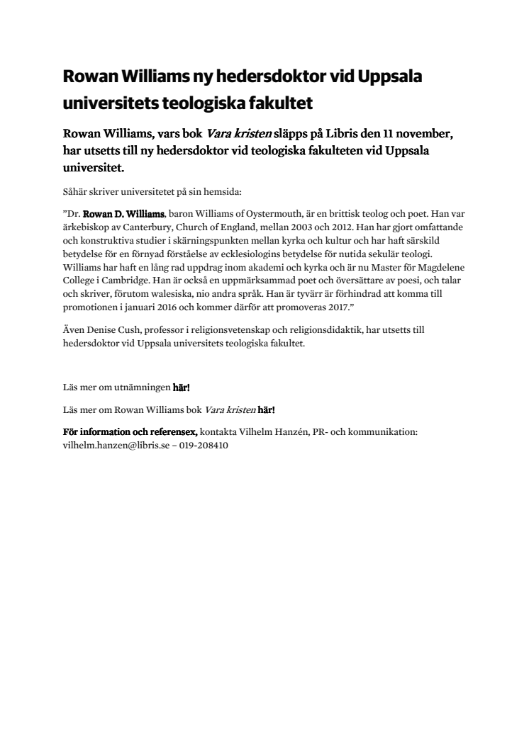 Pressmeddelande: Rowan Williams ny hedersdoktor vid Uppsala universitet