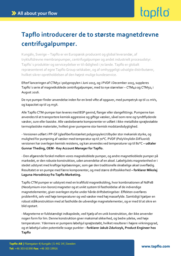 Tapflo introducerer de to største magnetdrevne centrifugalpumper