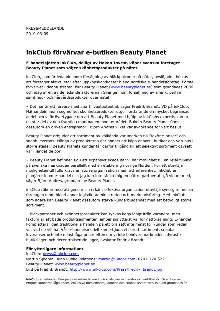 inkClub förvärvar e-butiken Beauty Planet