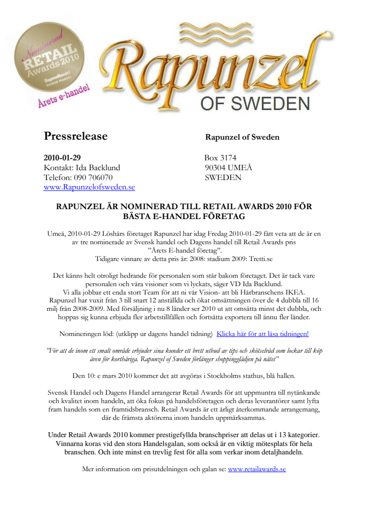 RAPUNZEL ÄR NOMINERAD TILL RETAIL AWARDS 2010 FÖR BÄSTA E-HANDEL FÖRETAG