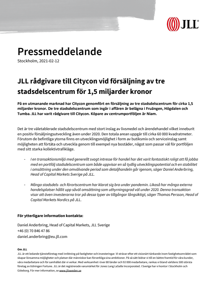 JLL rådgivare till Citycon vid försäljning av tre stadsdelscentrum för 1,5 miljarder kronor