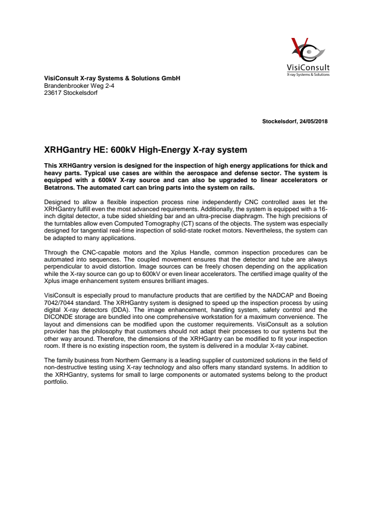 XRHGantry HE: 600kV High-Energy X-ray system