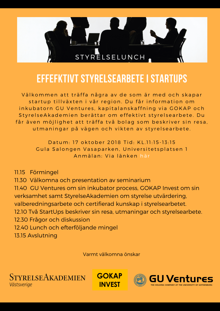 Inbjudan till styrelselunch på tema "Effektivt styrelsearbete i startups samt kapitalanskaffning"