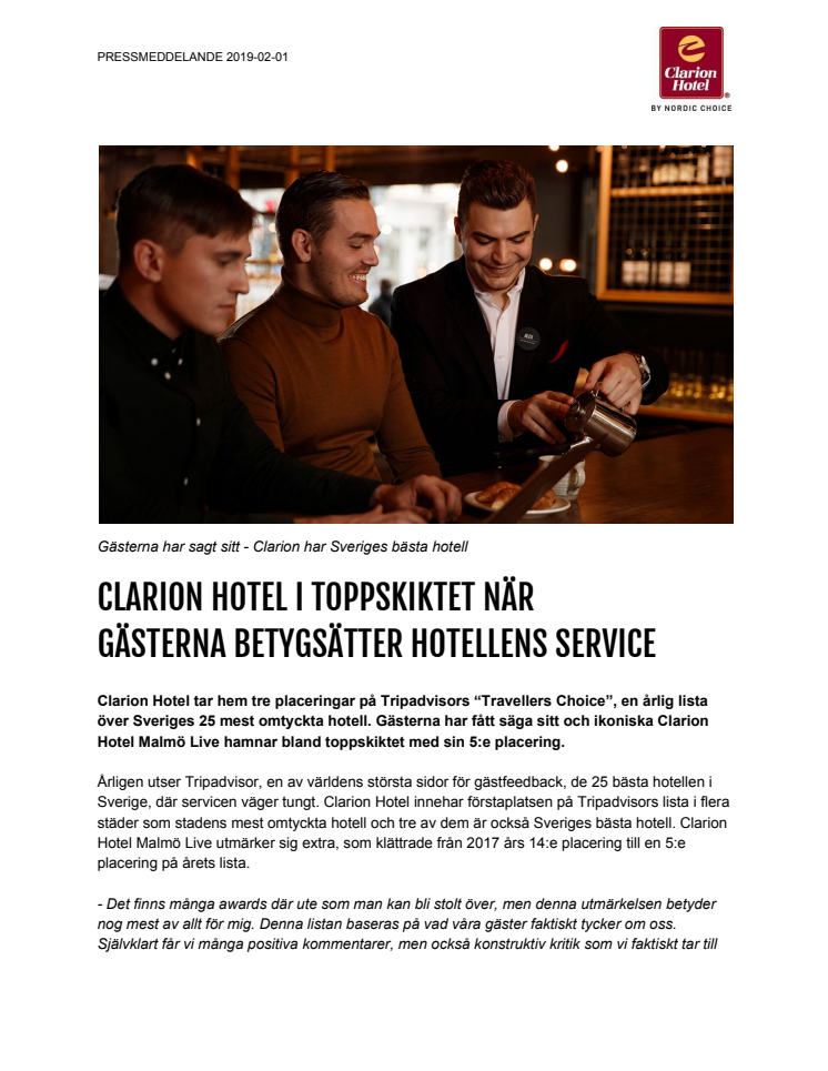 CLARION HOTEL I TOPPSKIKTET NÄR  GÄSTERNA BETYGSÄTTER HOTELLENS SERVICE