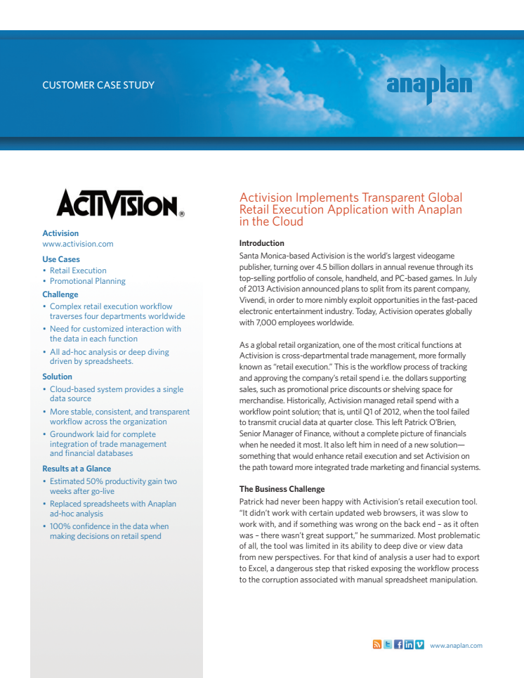 Activision använder Anaplans molnlösning för global försäljning mot detaljhandel