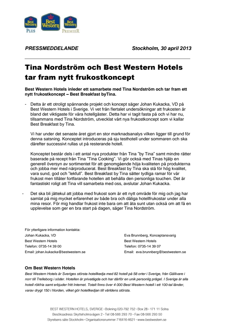 Tina Nordström och Best Western Hotels tar fram nytt frukostkoncept