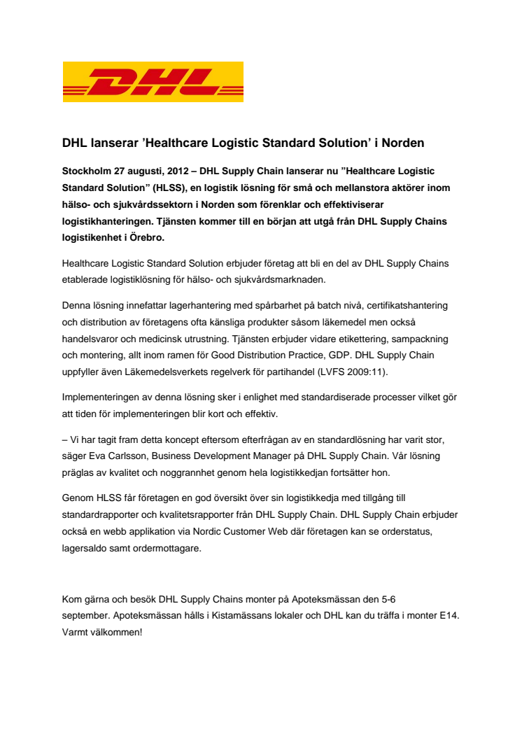 DHL lanserar ’Healthcare Logistic Standard Solution’ i Norden