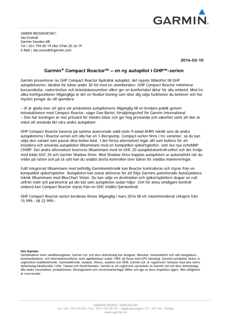 Garmin® Compact Reactor™ – en ny autopilot i GHP™-serien