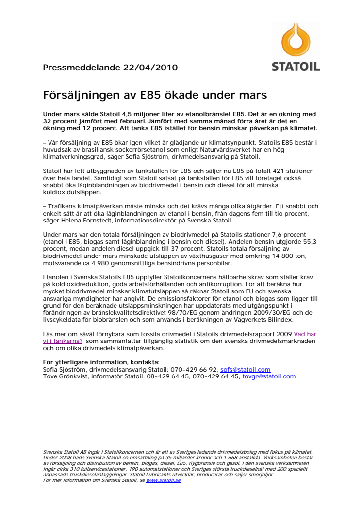 Försäljningen av E85 ökade under mars