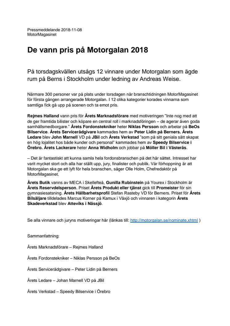 Här är vinnarna på Motorgalan 2018