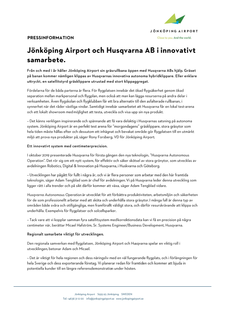 Jönköping Airport och Husqvarna AB i innovativt samarbete