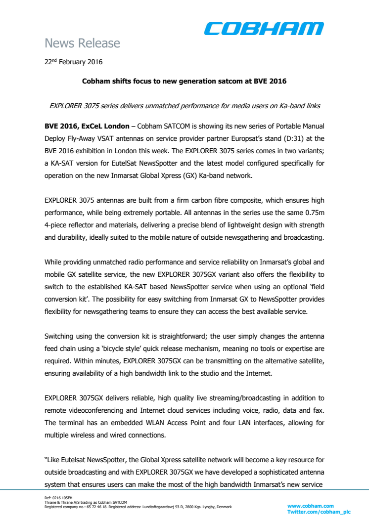 Cobham SATCOM: Cobham Shifts Focus to New Generation SATCOM at BVE 2016