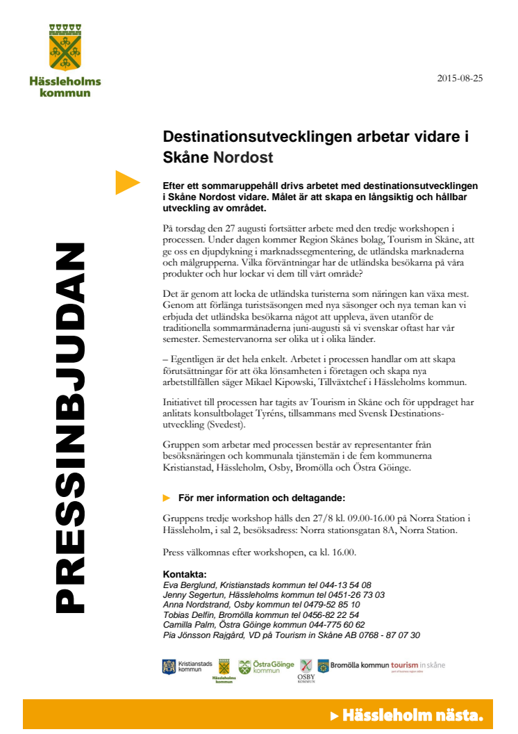Pressinbjudan - Fortsatt arbete med destinationsutvecklingen av Skåne Nordost