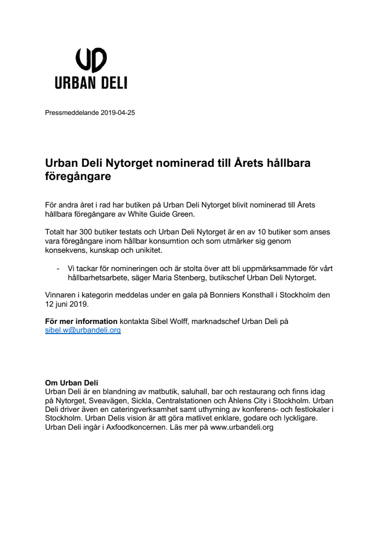 Urban Deli Nytorget nominerad till hållbarhetsföregångare