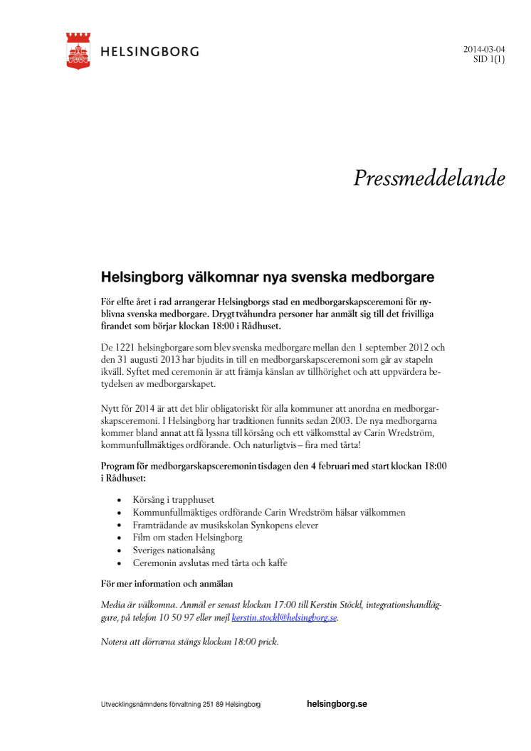 Helsingborg välkomnar nya svenska medborgare