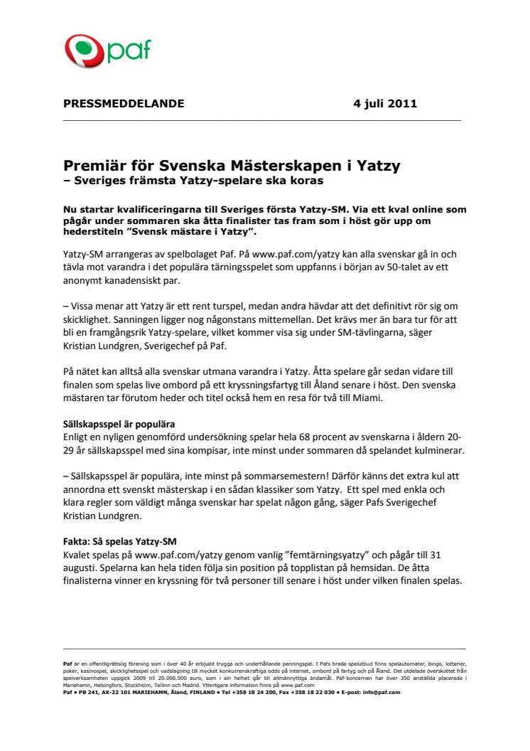 Premiär för Svenska Mästerskapen i Yatzy