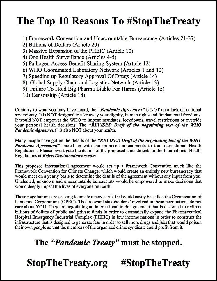 The top ten reasons to stop Treaty (pandemifördrag)