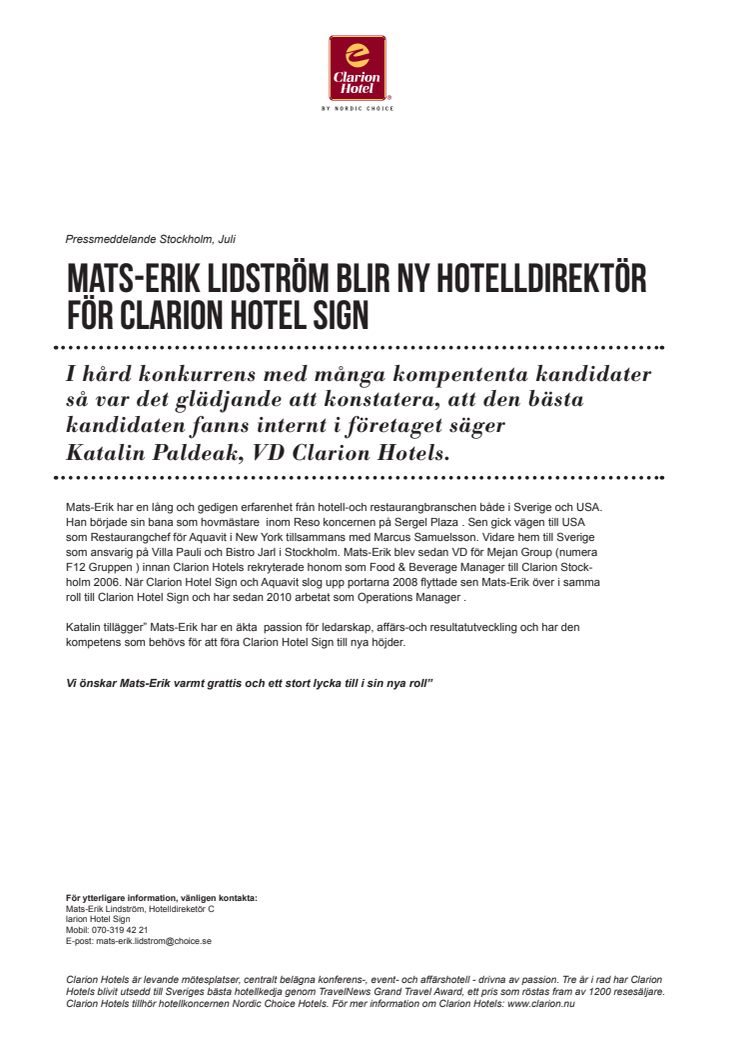 Mats-Erik Lidström blir ny Hotelldirektör för Clarion Hotel Sign