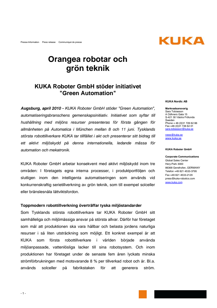 Orangea robotar och grön teknik. KUKA stöder initiativet "Green Automation" 