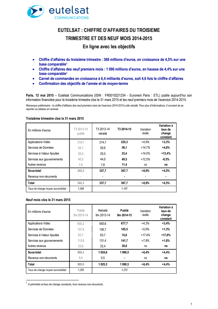 EUTELSAT : CHIFFRE D’AFFAIRES DU TROISIEME TRIMESTRE ET DES NEUF MOIS 2014-2015