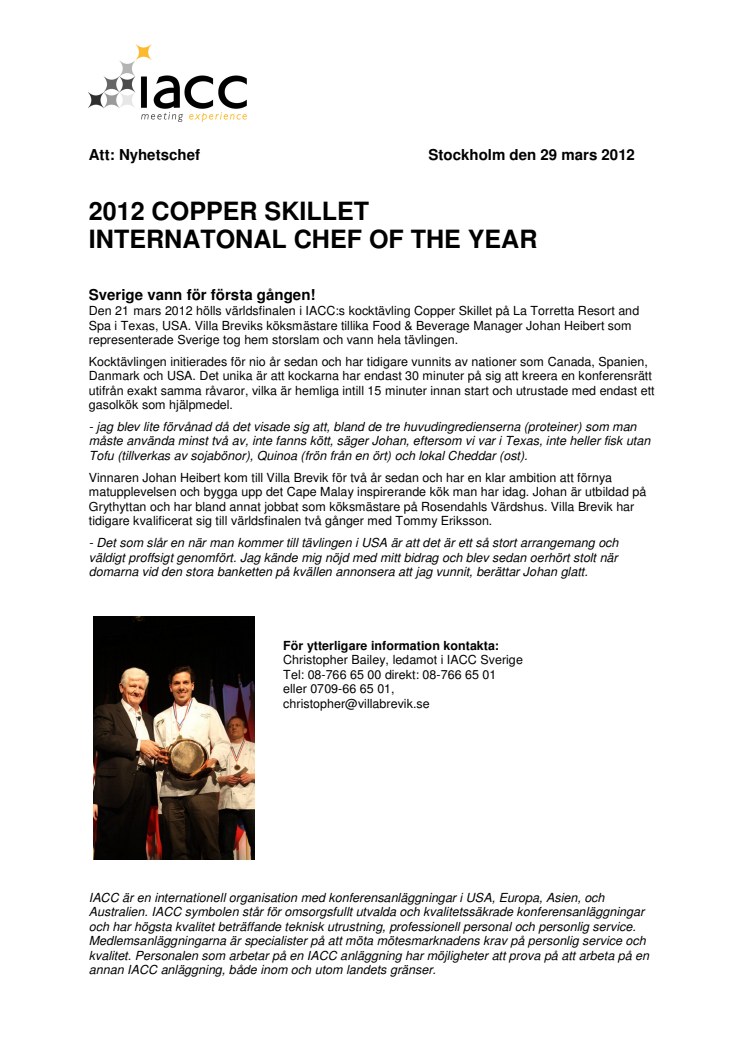 2012 COPPER SKILLET INTERNATONAL CHEF OF THE YEAR