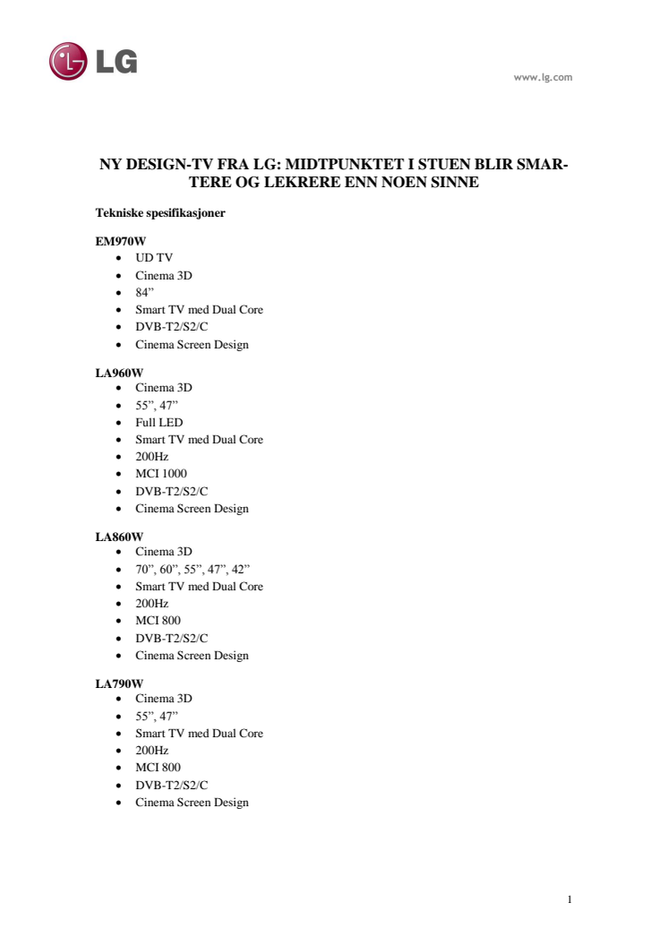 Tekniske spesifikasjoner NY DESIGN-TV FRA LG
