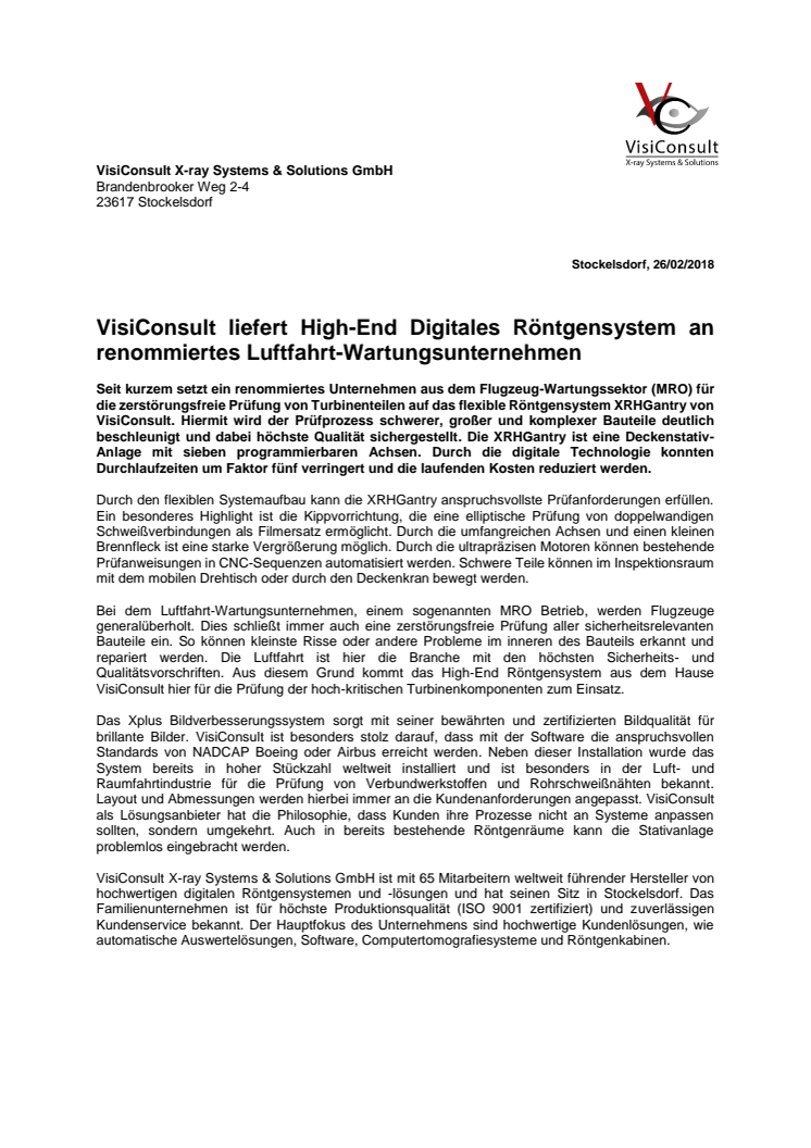 VisiConsult liefert High-End Digitales Röntgensystem an renommiertes Luftfahrt-Wartungsunternehmen