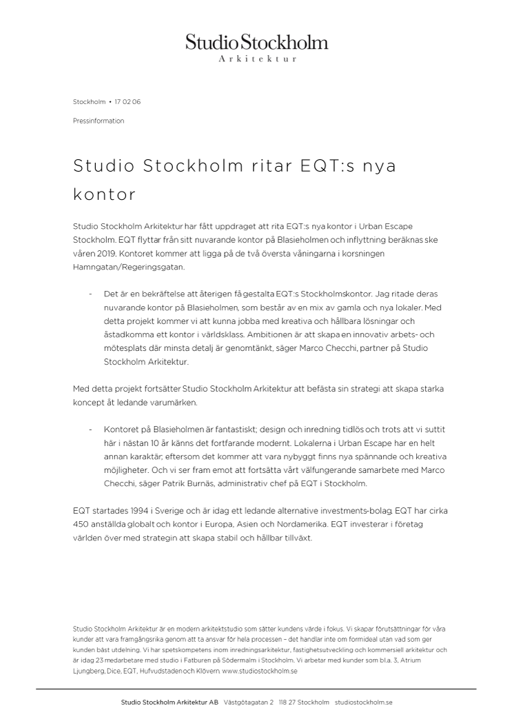 Studio Stockholm ritar EQT:s nya kontor