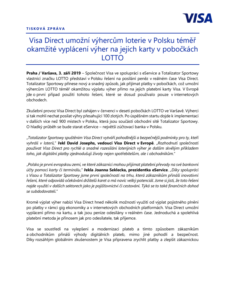 Visa Direct umožní výhercům loterie v Polsku téměř okamžité vyplácení výher na jejich karty v pobočkách LOTTO
