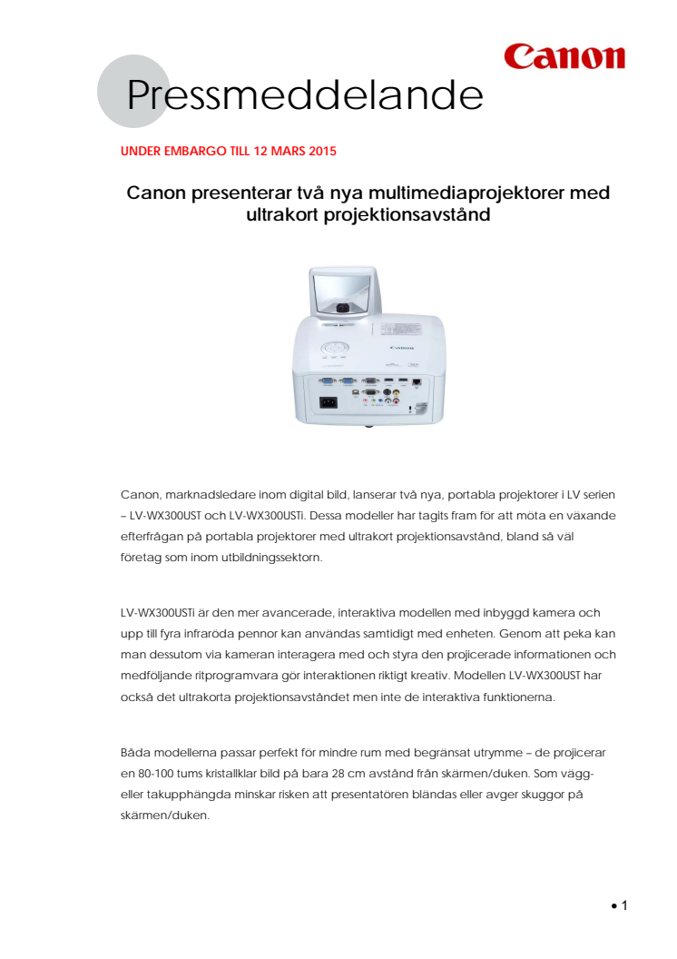 Canon presenterar två nya multimediaprojektorer med ultrakort projektionsavstånd  