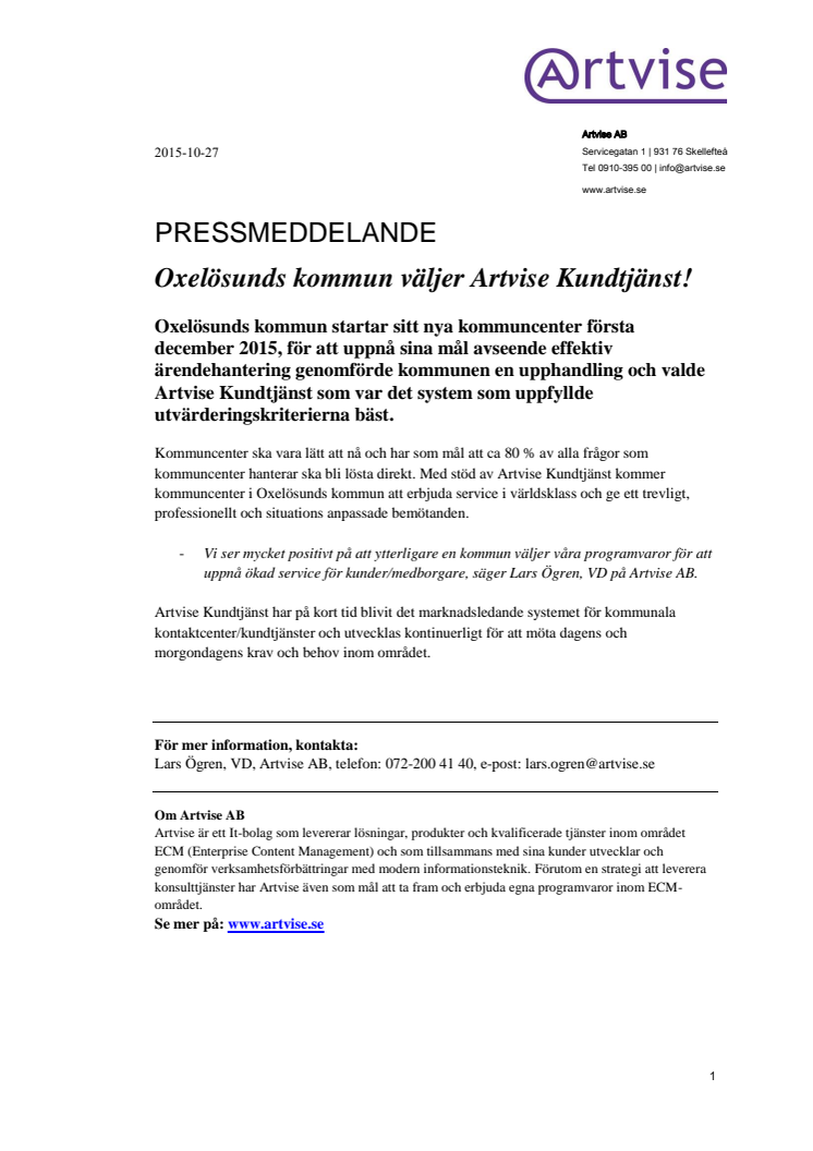 Oxelösunds kommun väljer Artvise Kundtjänst!