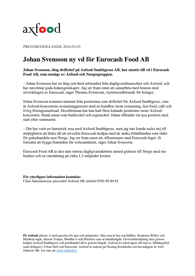 Johan Svensson ny vd för Eurocash Food AB