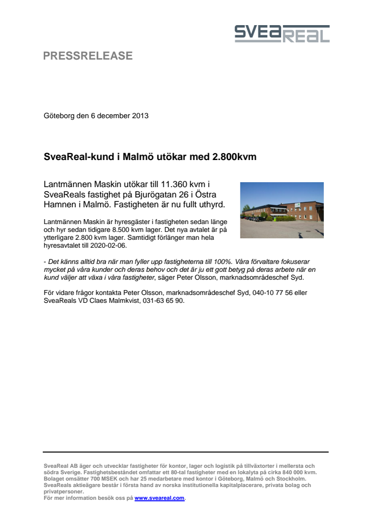 SveaReal-kund i Malmö utökar med 2.800 kvm