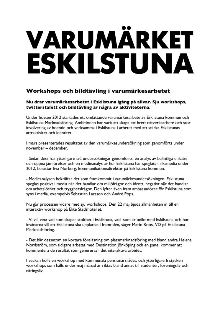 Pressinbjudan - Workshop Varumärket Eskilstuna 6 maj