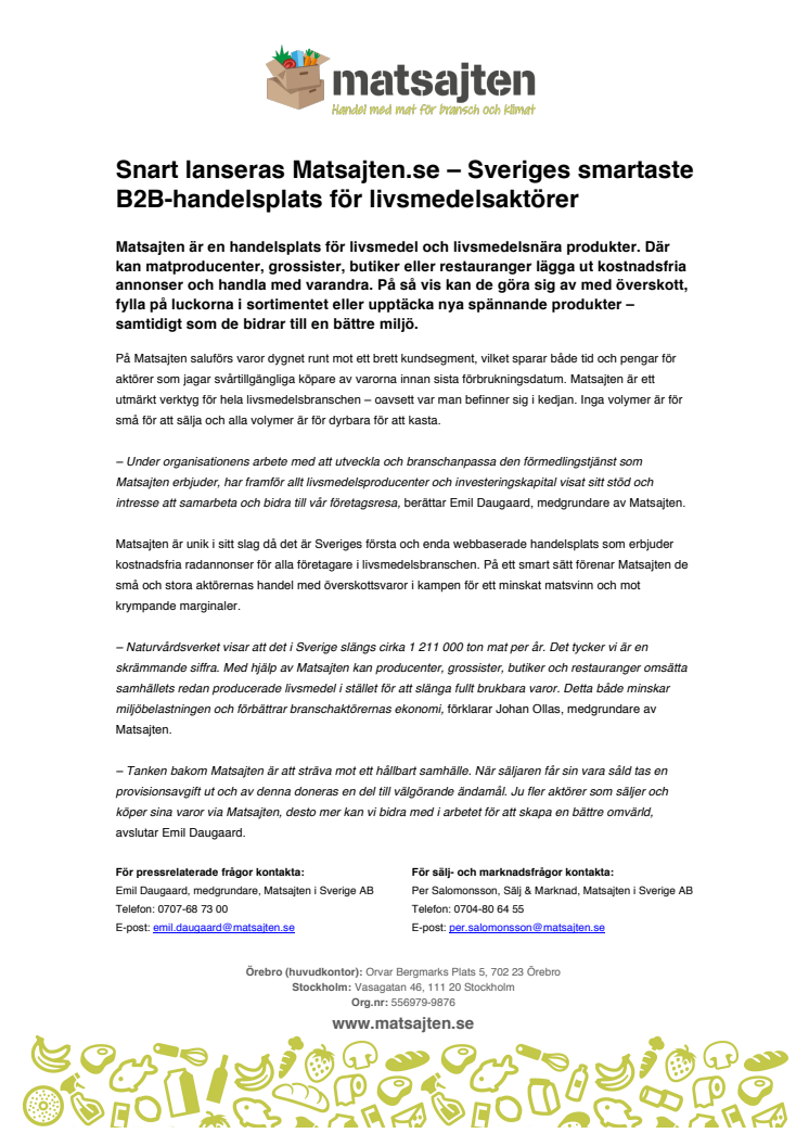 Snart lanseras Matsajten.se – Sveriges smartaste B2B-handelsplats för livsmedelsaktörer