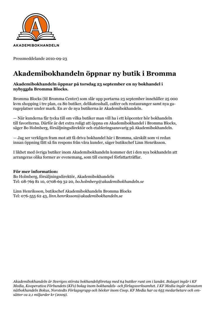 Akademibokhandeln öppnar ny bokhandel i Bromma
