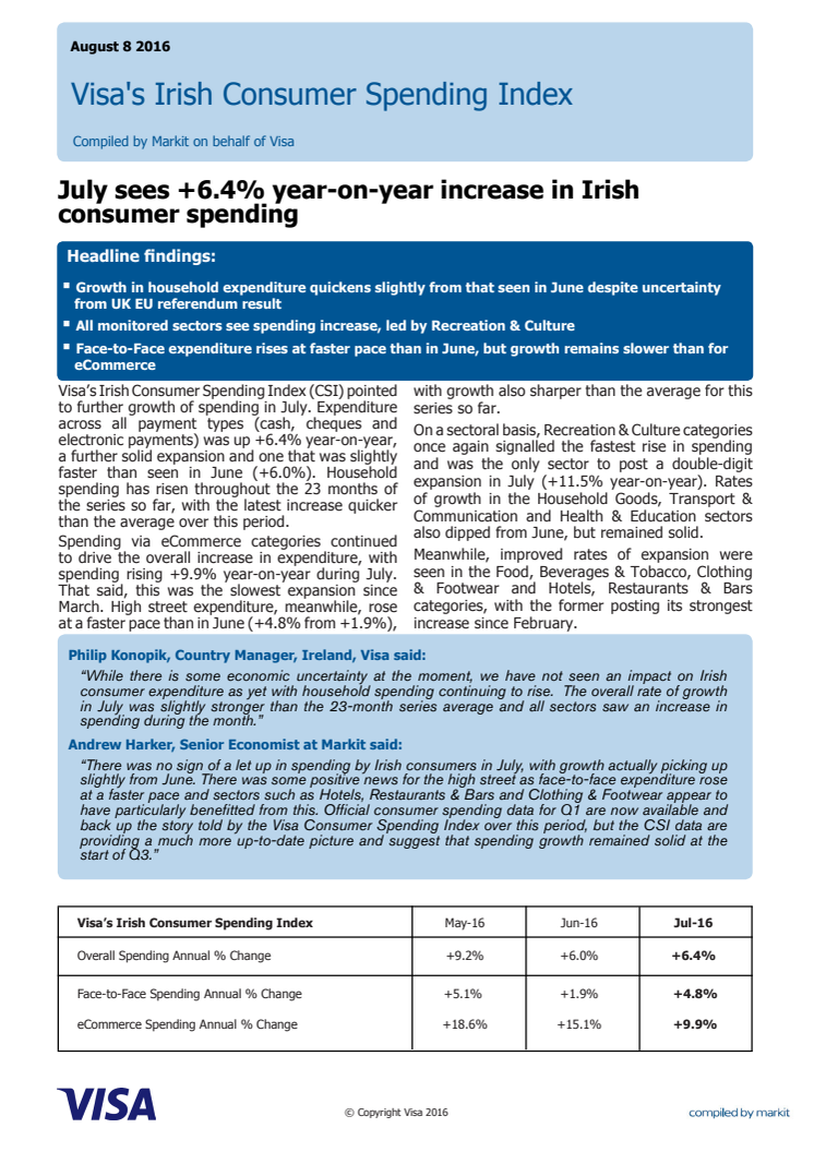 Visa Europe's Irish Consumer Spending Index - 8 August 2016