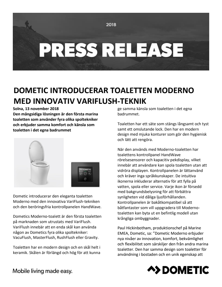 Dometic Introducerar Toaletten Moderno Med Innovativ VariFlush-Teknik