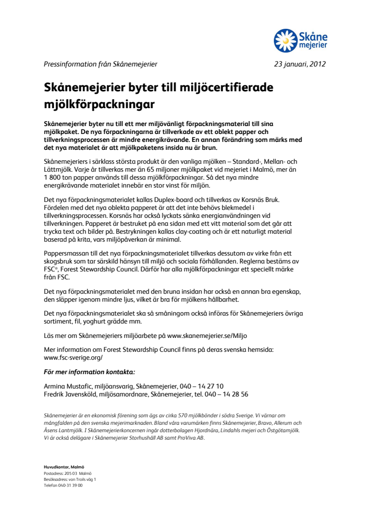 Skånemejerier byter till miljöcertifierade mjölkförpackningar