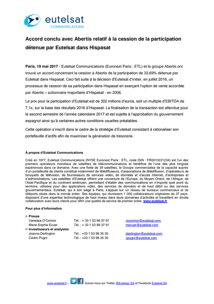 Accord conclu avec Abertis relatif à la cession de la participation détenue par Eutelsat dans Hispasat