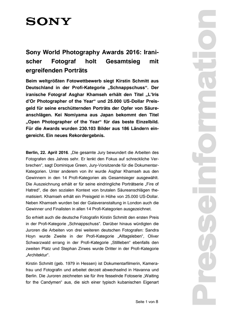 Sony World Photography Awards 2016: Iranischer Fotograf holt Gesamtsieg mit ergreifenden Porträts